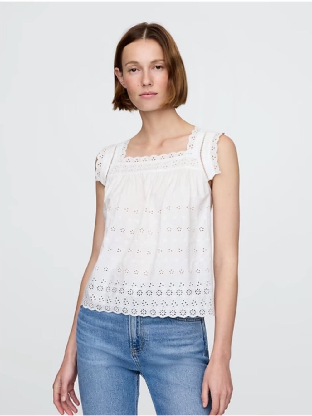 Women's White Eyelet Square-Neck Tank Top